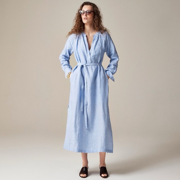 NWT!! J. CREW Cabana Dress French Blue Linen Midi Tie Waist Pockets Small Petite - Picture 1 of 16